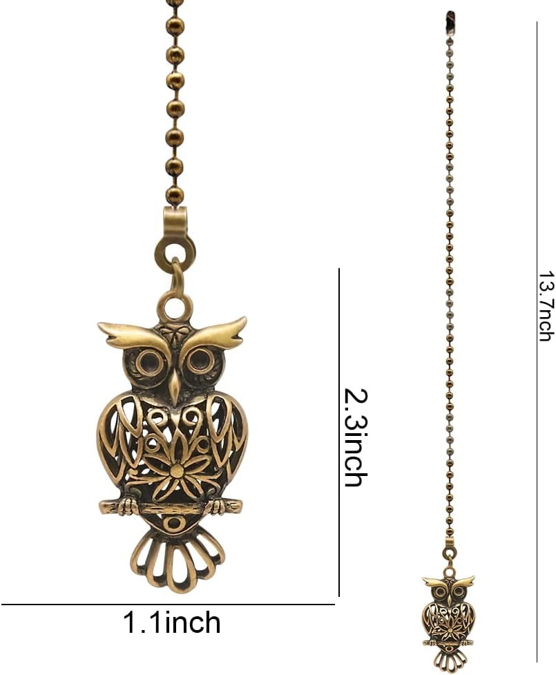 2Pack Vintage Owl Ceiling Fan Pull Chain, 12Inch Bronze String Charm Decorative