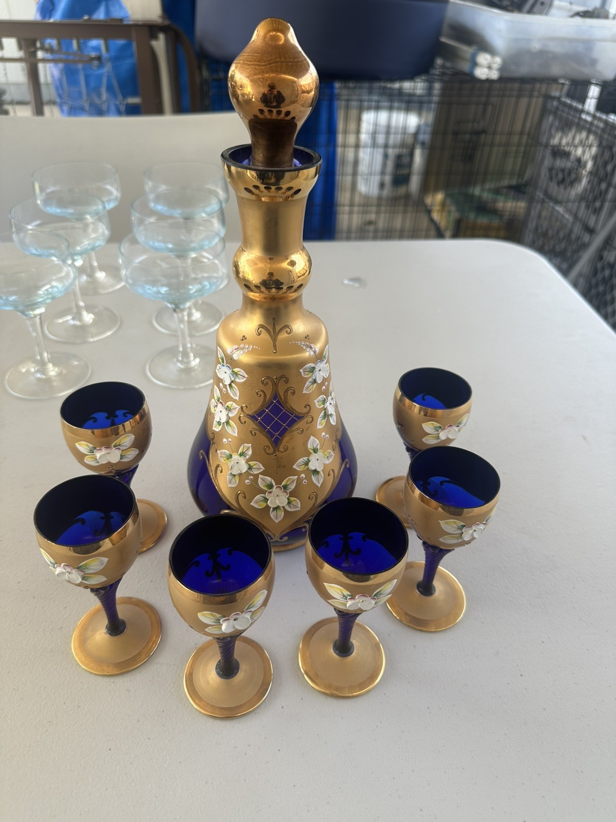 Antique Bohemian Moser Cobalt Blue Enamel Flowers Decanter & 6 Glasses Set