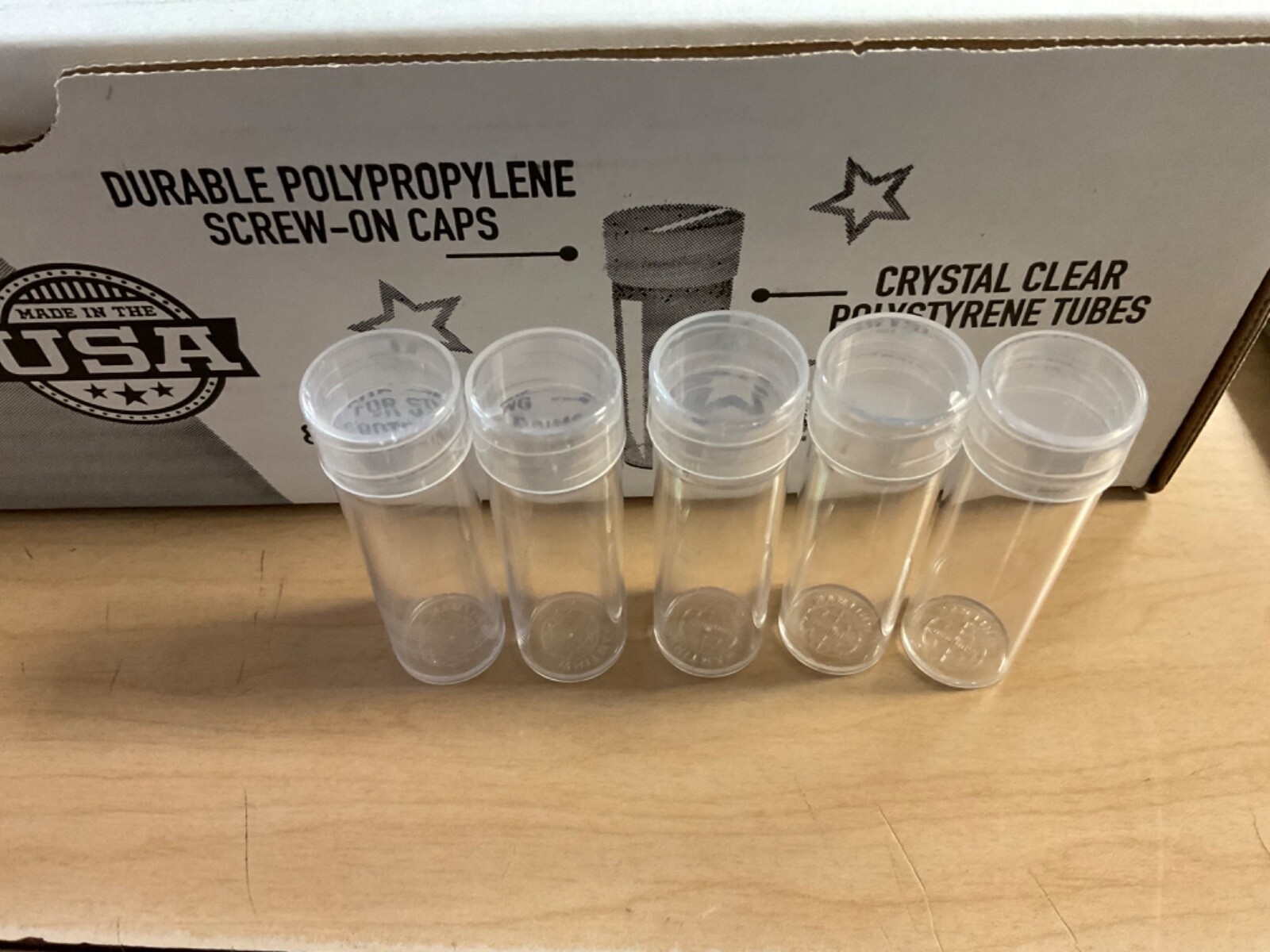 25 New Mixed Round Coin Tubes for 1/2 Doll., Qtr., Dime, Nick., Penn.Made in USA