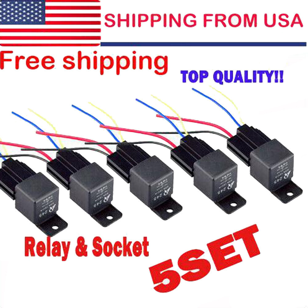 5 Pack 12V 30/40 Amp 4-Pin SPST Automotive Relay with Wires Harness Socket Set