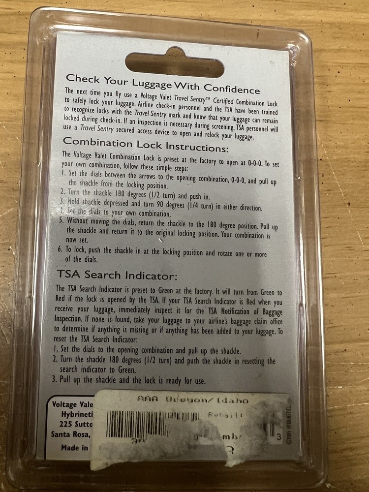 Voltage Valet TSA Search Indicator Combination Lock SEALED