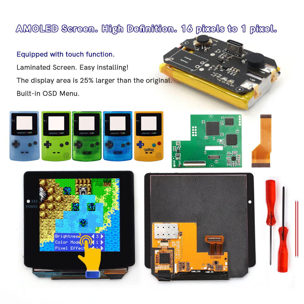 GBC OLED AMOLED Touch Screen Kits w/Pre-cut Shell 1500mAh Type-C Battery