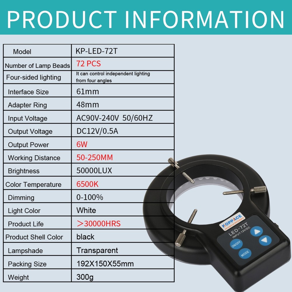 KOPPACE Microscope LED Ring Light - 61mm Adjustable, 72 Bead Light Source