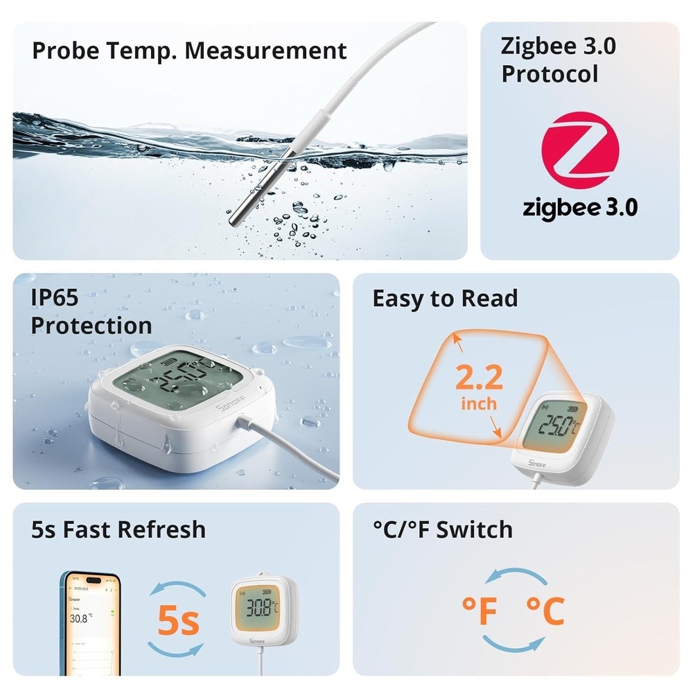 Zigbee Waterproof Temperature Sensor with LCD Display & 1.5M Probe - Smart Home
