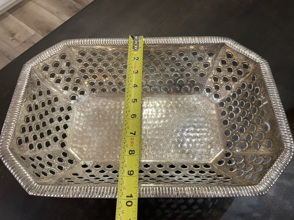 Vintage Silver Tone Ornate Rectangular Open work Hammered Footed Basket 55