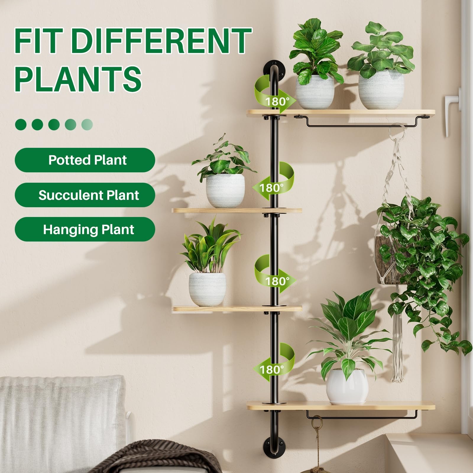 DELLAN 4-Tier Rotating Window Plant Shelf Wall Mounted Indoor Hanging Plants