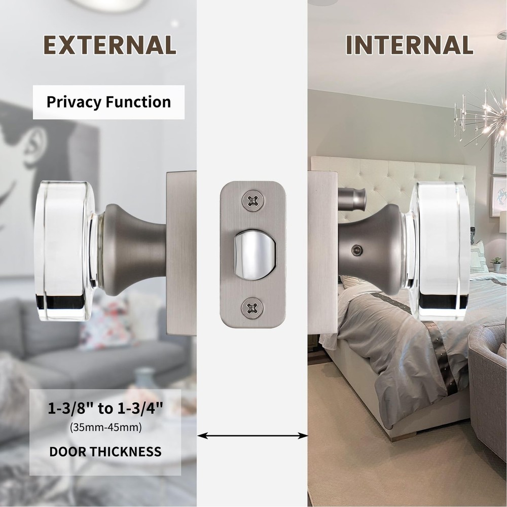 Crystal Door Knobs - Brushed and Satin Nickel Interior Privacy Knobs with Loc...