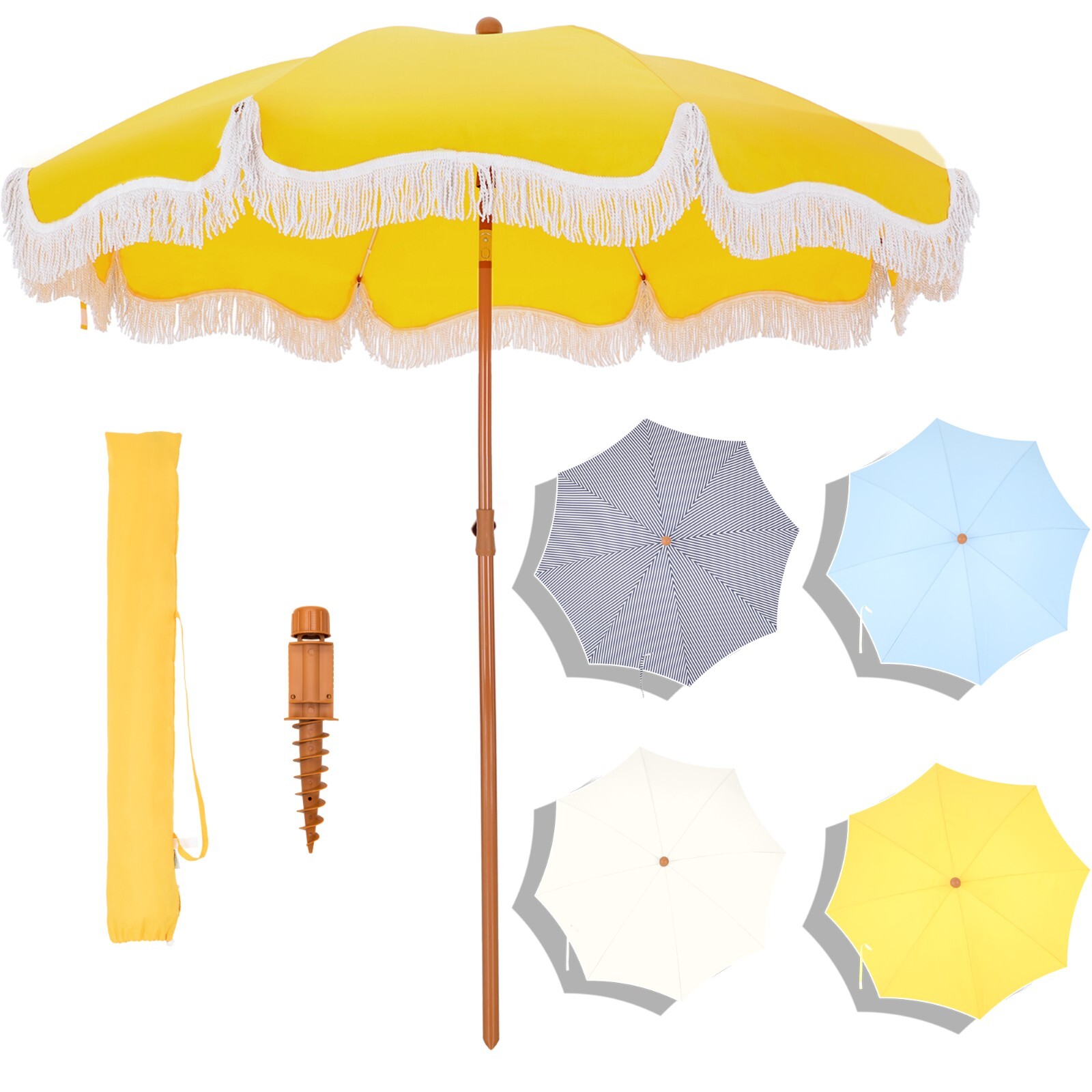 7 ft Patio Umbrellas Outdoor Auto-Tilt Beach Umbrella with Fringe and Carry Bag