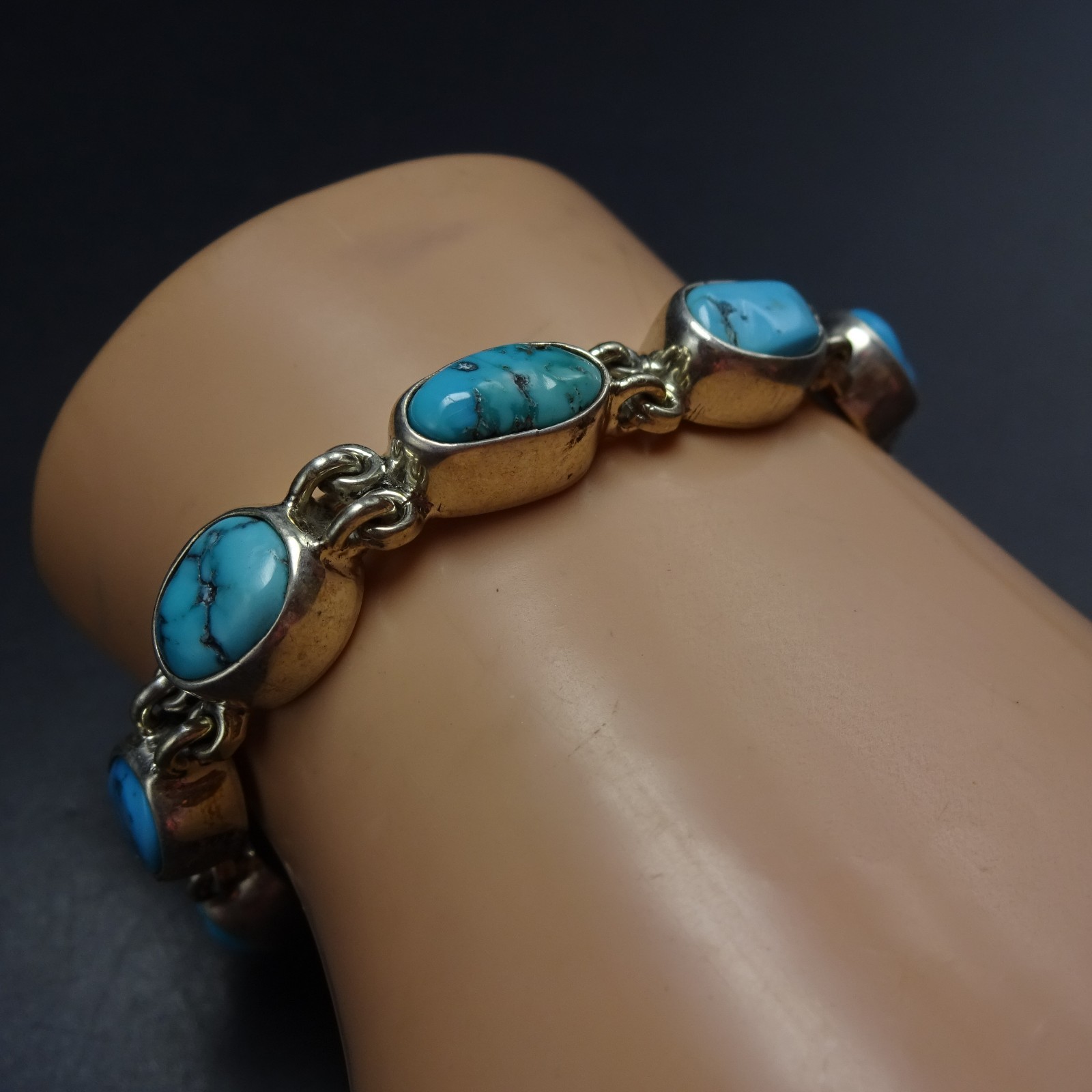 FEDERICO JIMENEZ Sterling Silver TURQUOISE Link Bracelet Gorgeous Natural Cabs