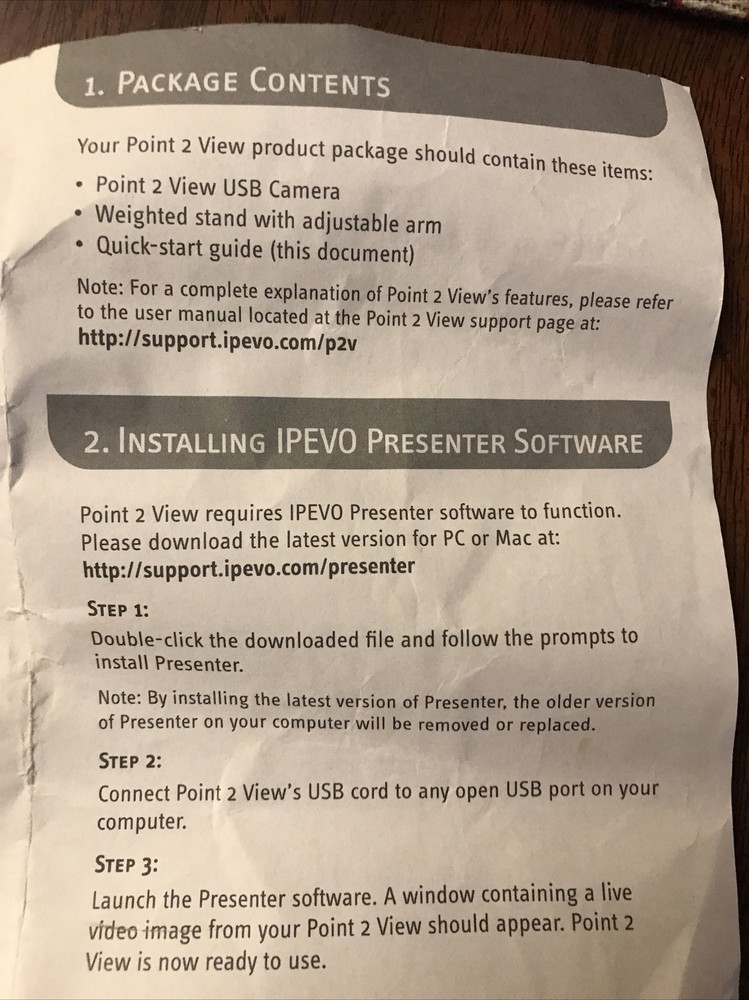 IPEVO CDVU-03IP Point 2 View USB Document Camera w/ Stand - Tested Gray White