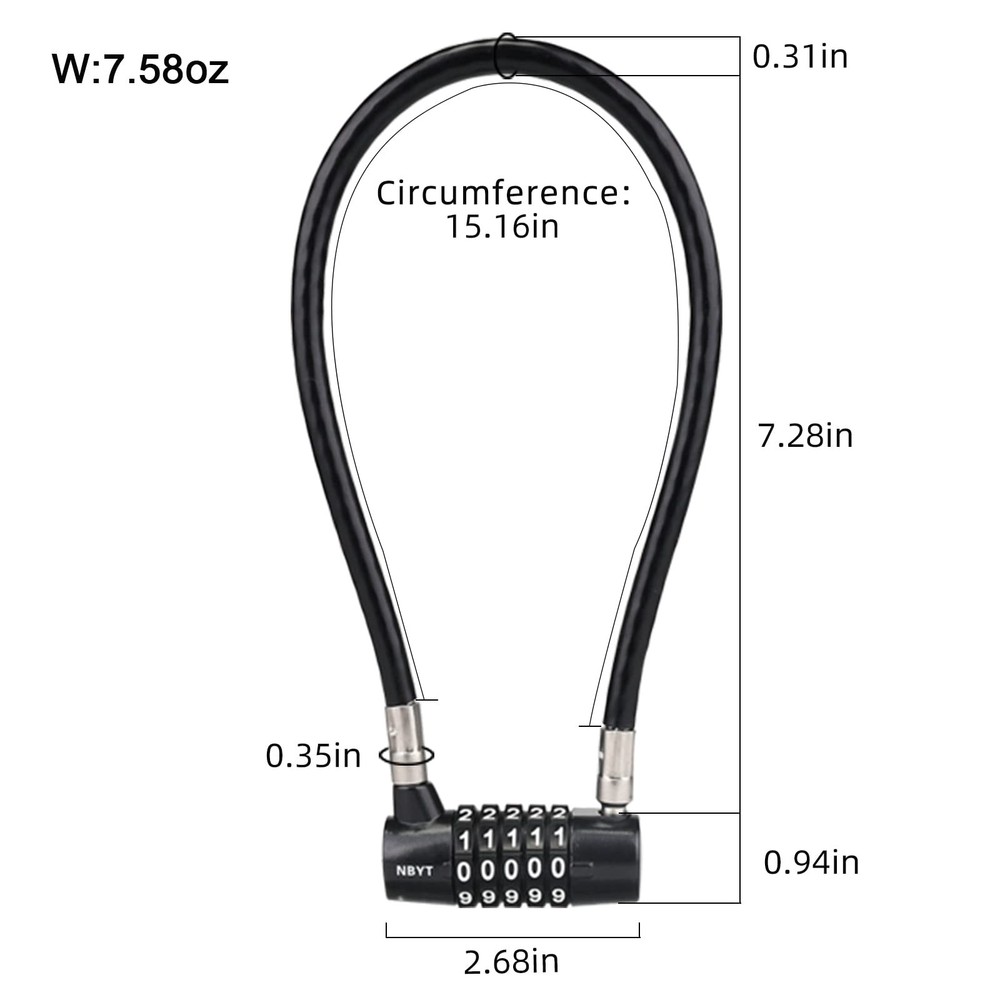 5-Digit Long Cable Locks with Combination Padlock,15" Length 5/16" Diameter,g...