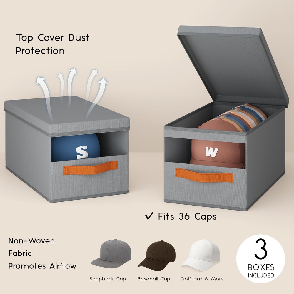 Hat Organizer for Baseball Caps - 3 Pack Stackable Foldable Protective Lids H...