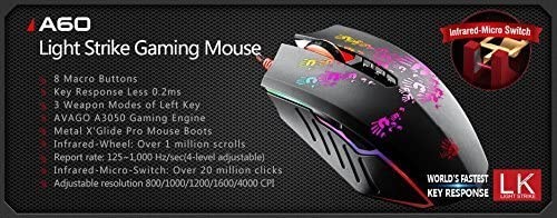A60L Optical Gaming Mouse with Light Strike (LK) Switch & Scroll - Fully Prog...