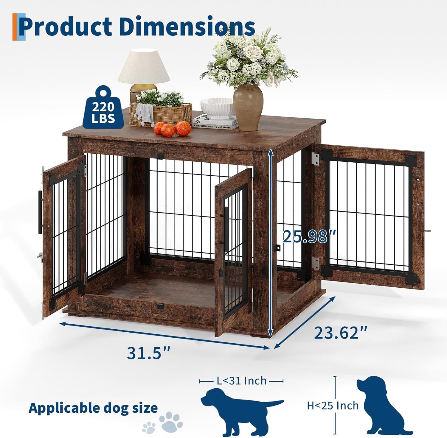 Dog Crate Furniture End Table Heavy Duty Wooden Kennel Cabinet with Double Doors