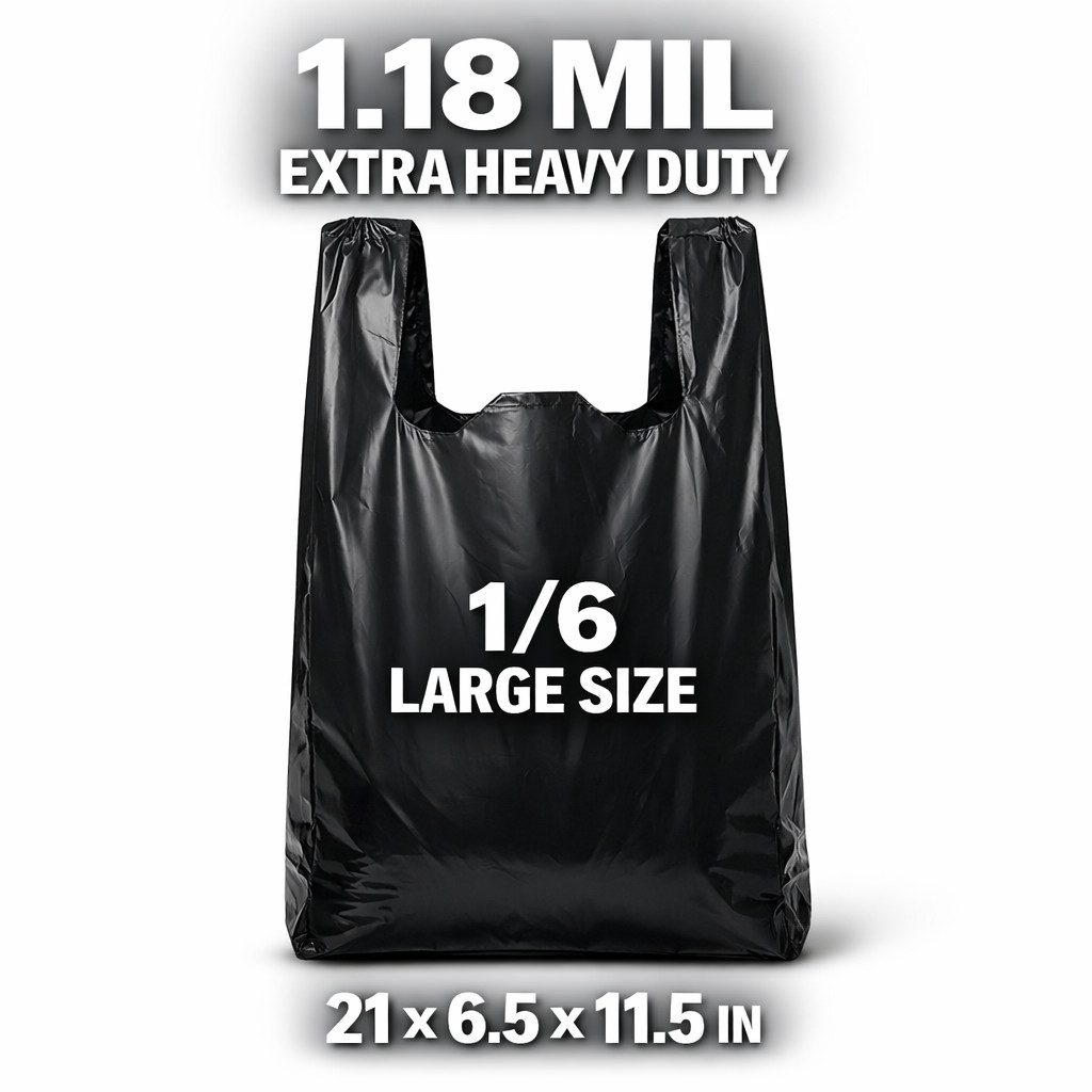 Bags 1/6 21 x 6.5 x 11.5 Extra Heavy Duty 1.18 Mil BLACK T-Shirt Plastic Grocery