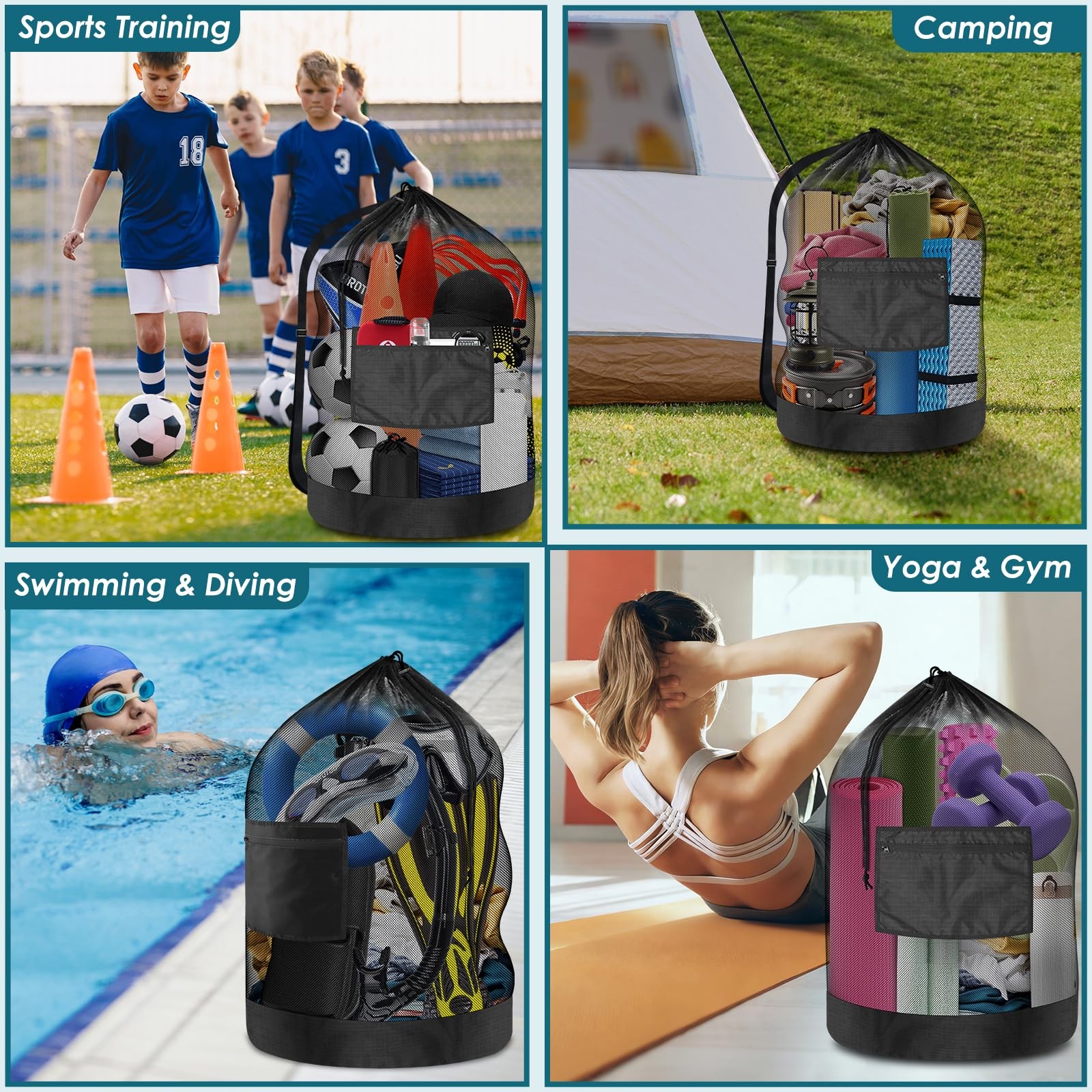 Heavy Duty Soccer Ball Net Bag Drawstring Mesh Ball Bag with Zipper Pocket, S...