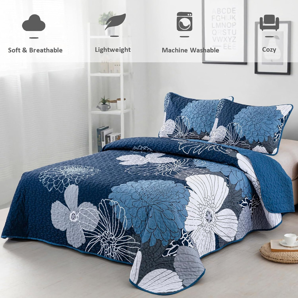 3 Pieces Navy Blue Floral Pattern Quilts Set Queen Size - Reversible Microfiber