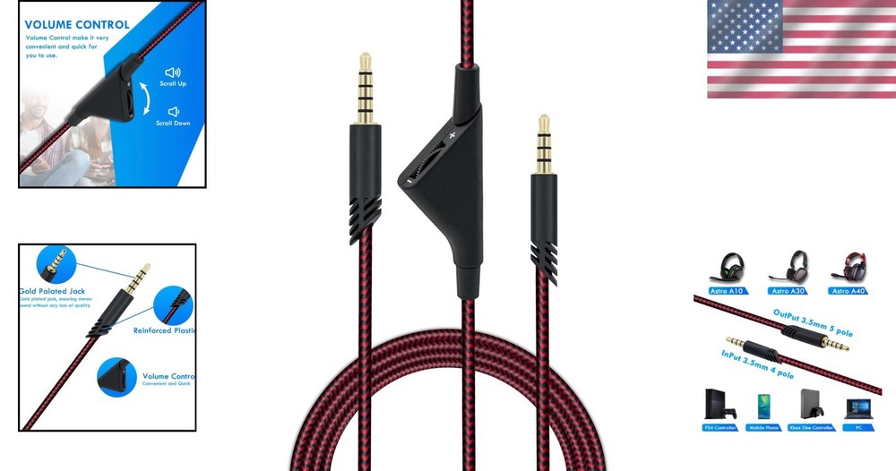 2M Braided Headset Replacement Cable with Volume Control for Astro & Xbox - Red