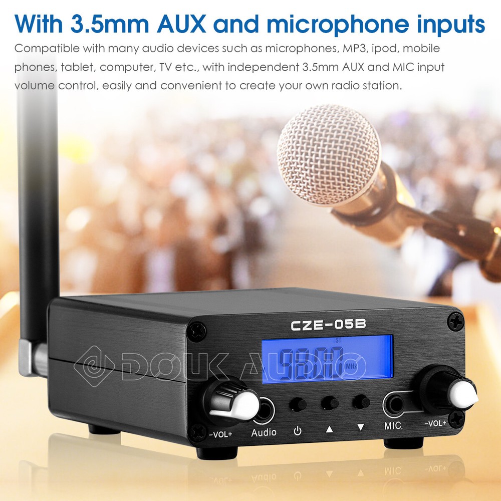 FM Transmitter 0.5W 76MHz~108MHz AUX+MIC Stereo Broadcast Station w/LCD Display
