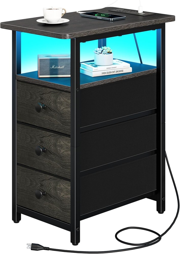 End Table W/ Charging Station LED Narrow Side Table Bedside Table Small Night