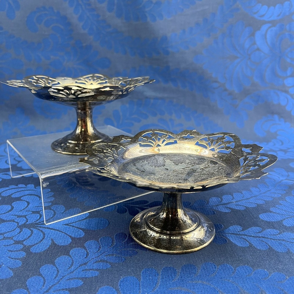 Ornate Pair Of 5” Silver Plated Footed Pierced Serving Bowls Dish Candy