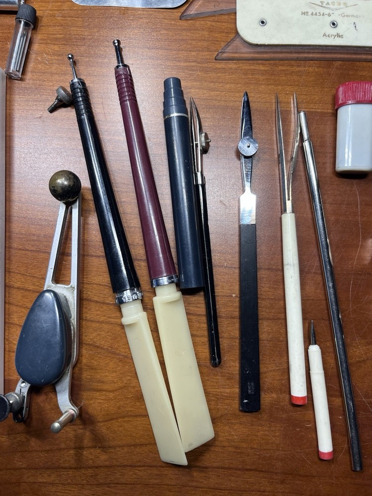 Vintage Drafting Tools Lot K+E Leroy + Tacril Protractor Set Square + Compasses