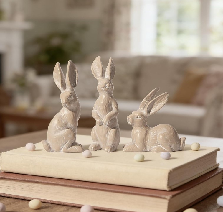 Easter Decorations Bunny Figurines Set of 3 - Rabbit Statues Farmhouse Spring Ho