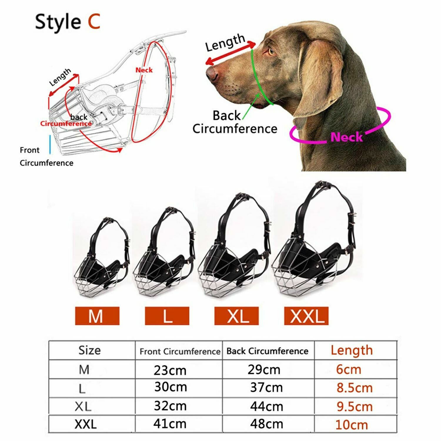 Metal Wire Leather Basket Cage Dog Mouth Muzzle w Adjustable Straps No Bite Bark