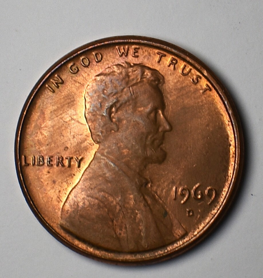 1969 D Lincoln Memorial Cent Error Stike Through High Mint State Red