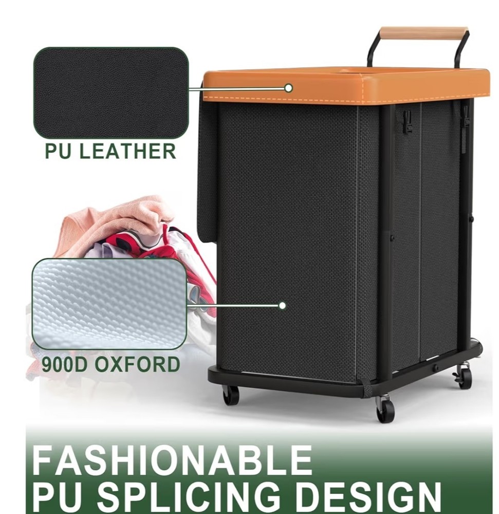 50 Gal (190L) Laundry Hamper 2 Section with Lid,Leather Patchwork Laundry Bas...