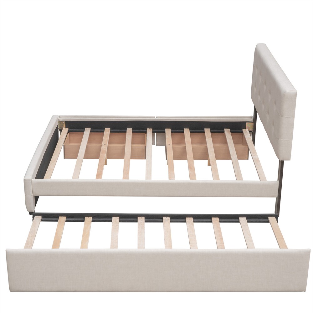 Queen Size Bed Frame Upholstered Platform Bed with Pull-Out Trundle & 2 Drawer