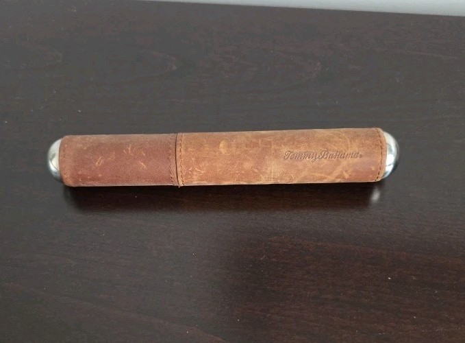 Rare Tommy Bahama Brown Leather Cigar Tube Case Stainless Steel Interior