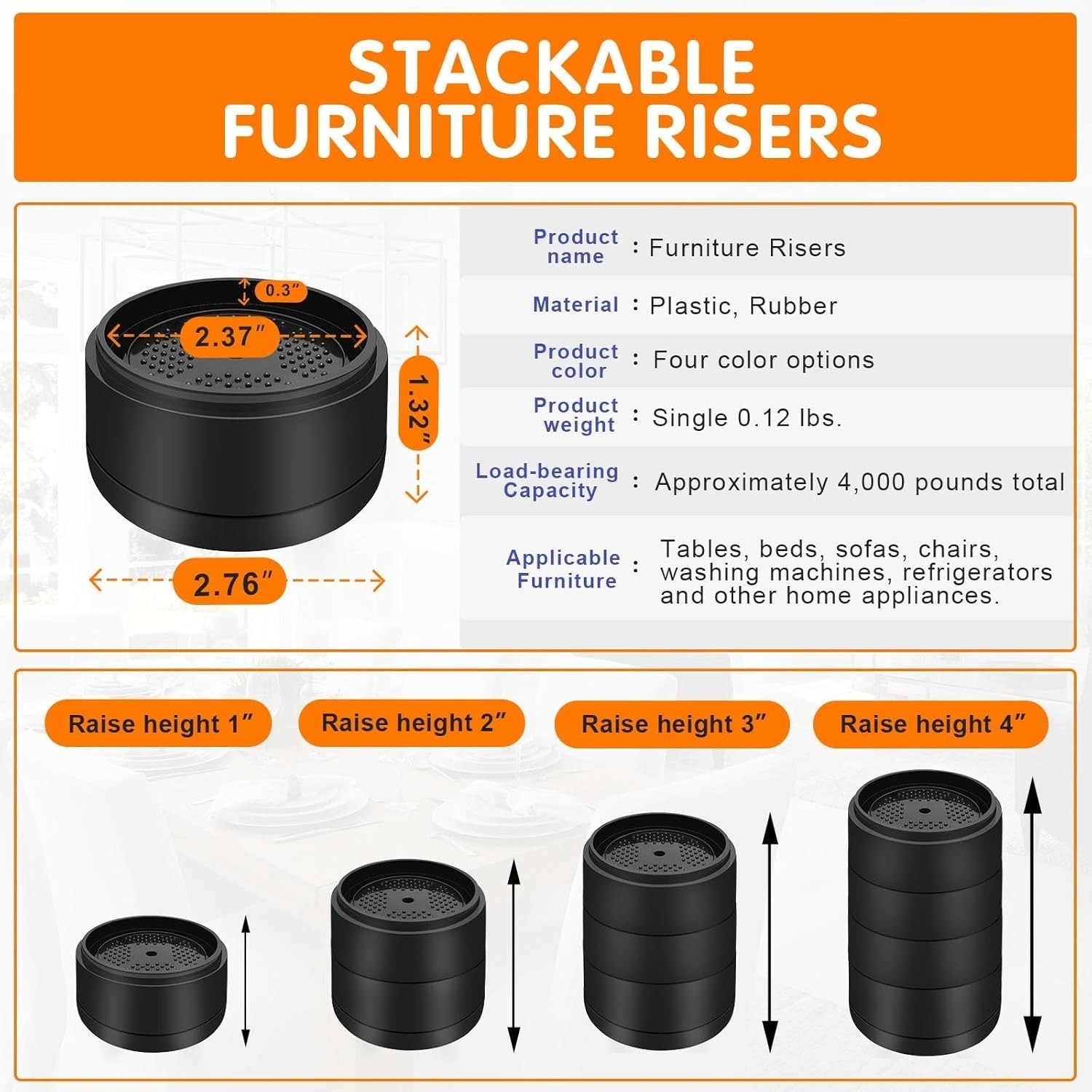 Furniture Risers Bed Risers Heavy Duty 1 inch 2 inch 3 inch 4 inch Round Adju...