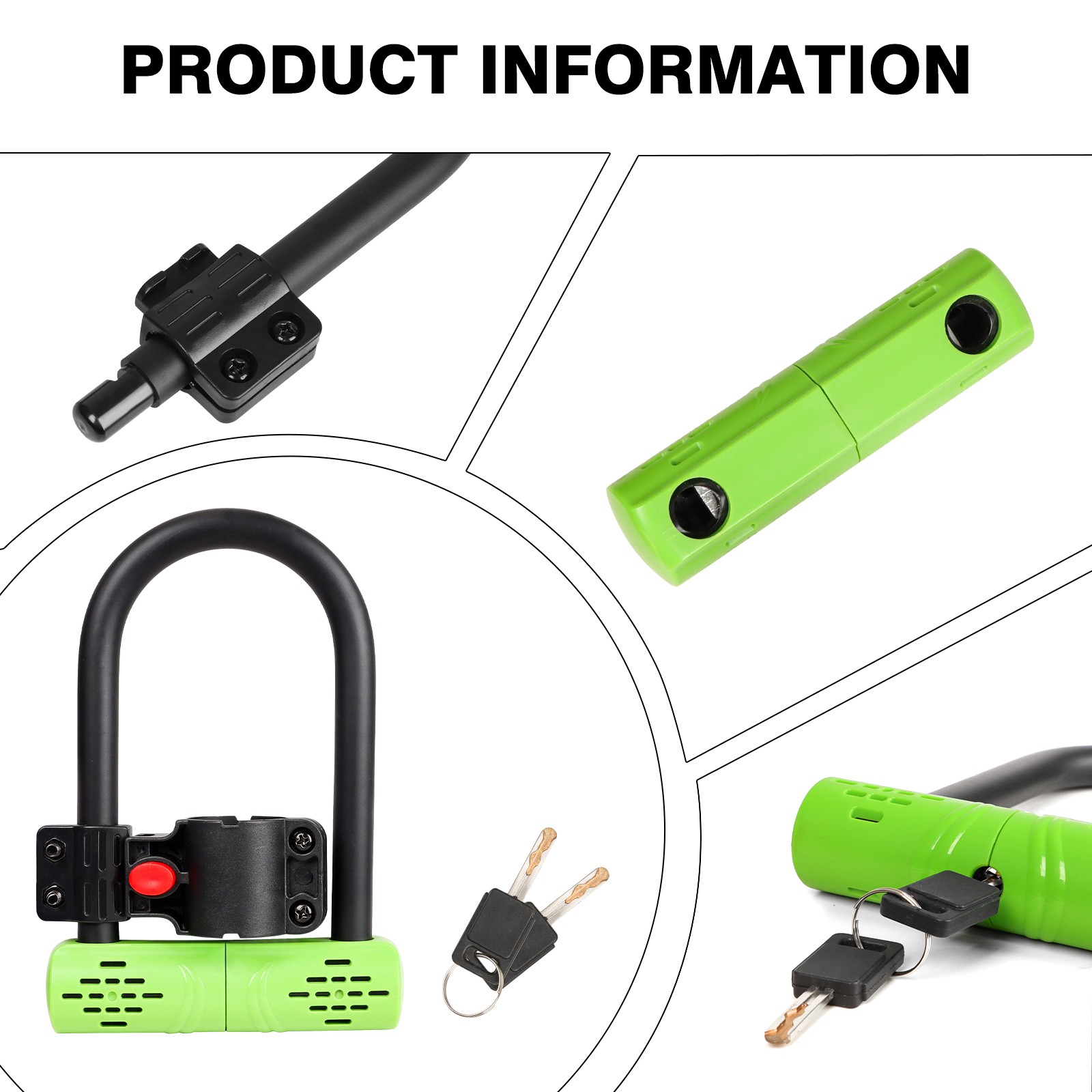Heavy-Duty Bicycle U-lock Steel Bike Lock Anti Theft w/ lock frame Green Lock