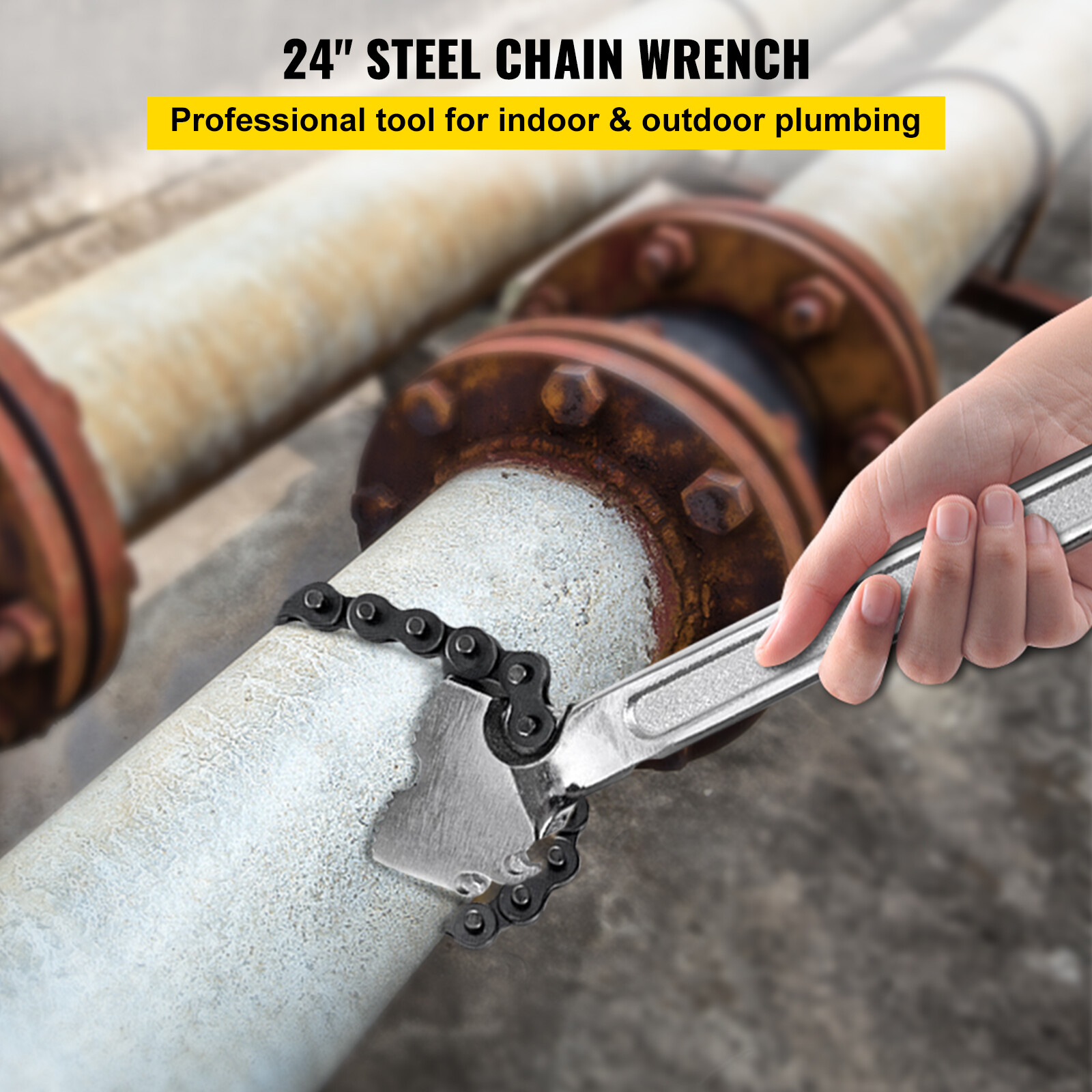 VEVOR 24" Chain Wrench Steel Straight Handle Tool 22" Chain 6.7" Capacity