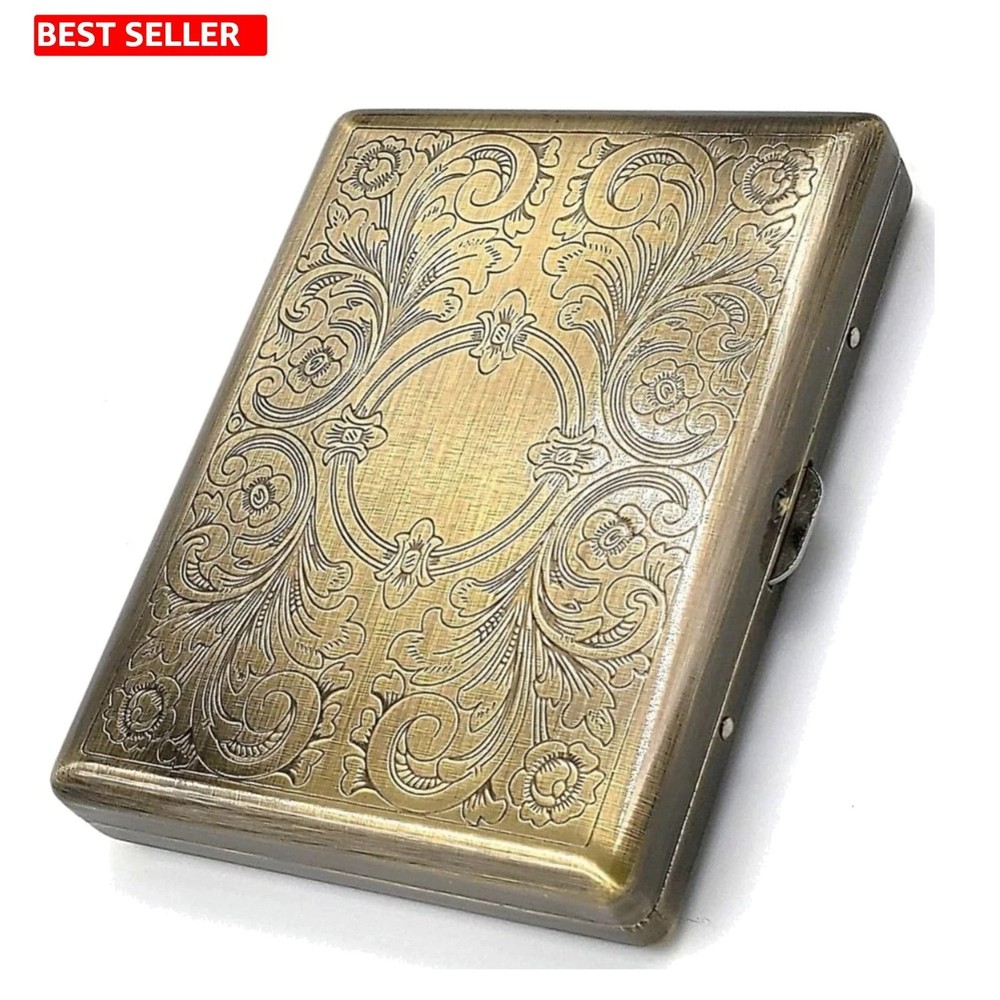 Stylish Antique Brass Cigarette Case - Holds All Sizes, Includes RFID Security