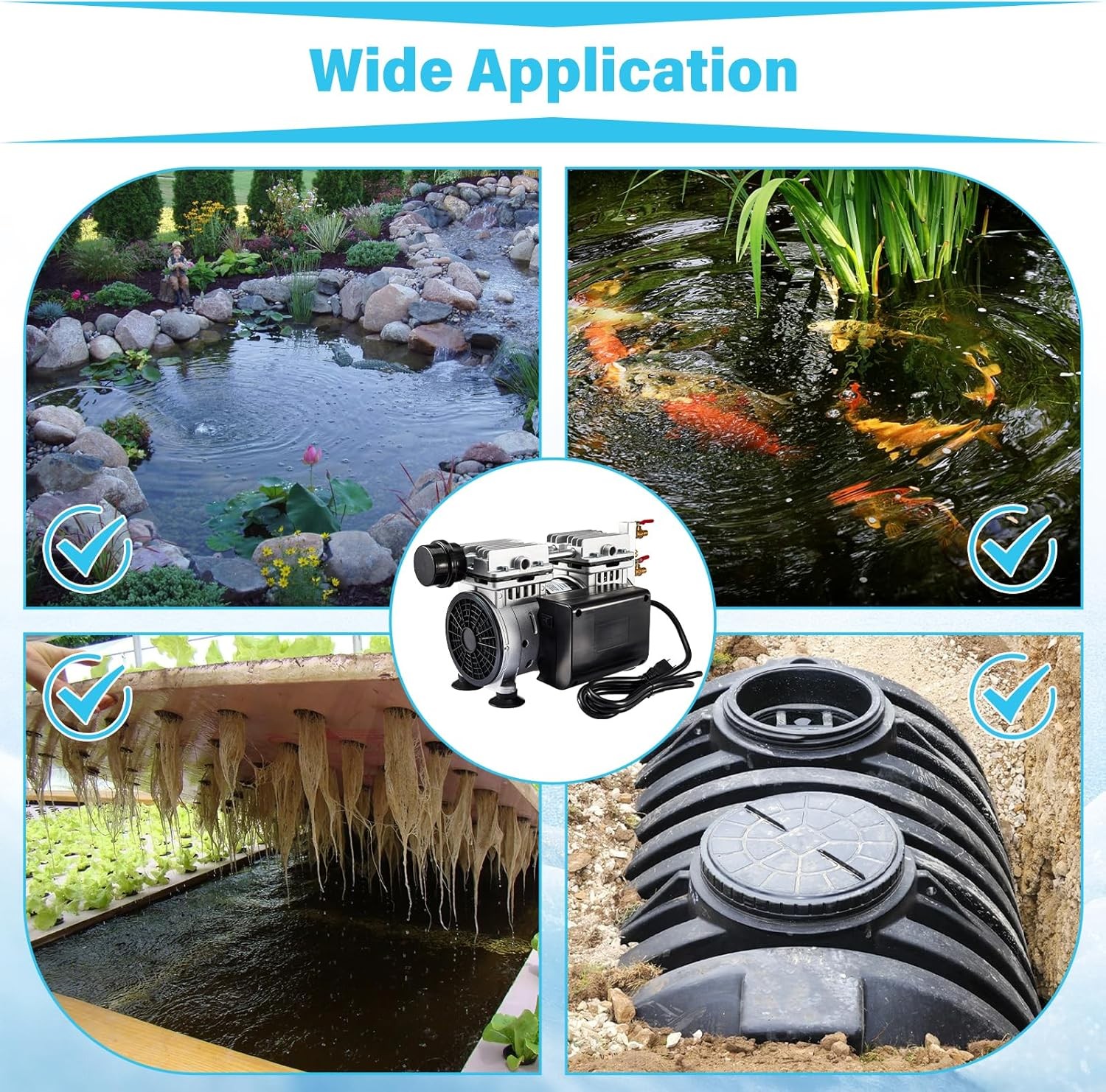 Pond Aerator Lake Pond Aeration Kit 3/4 HP w/ 2x98' Tubes 2x10.4" Diffusers