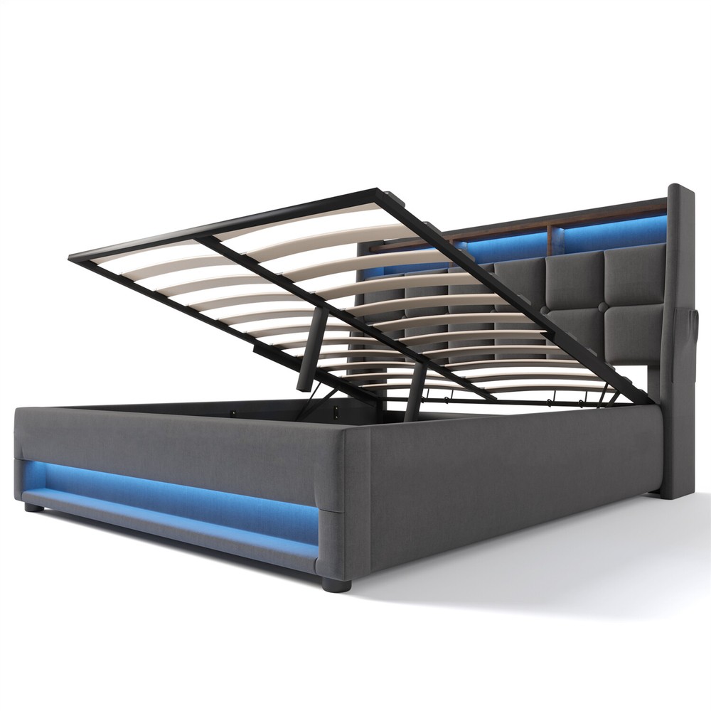 Full Size LED Bed Frame Upholstered Platform Bed with Hydraulic Storage System
