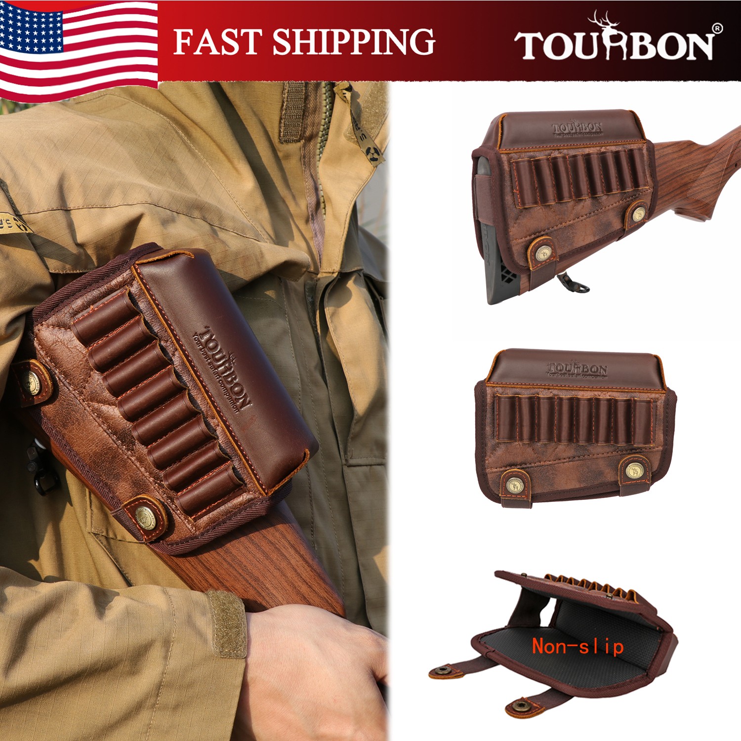 TOURBON PU Leather Rifle Buttstock Cover Padded Cheek Riser Rest Ammo Holder US