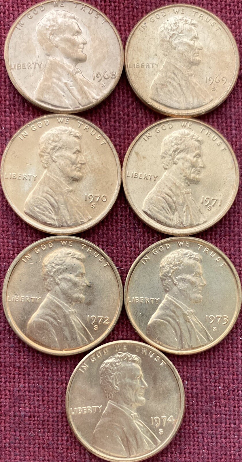 1968S 1969S 1970S 1971S 1972S 1973S 1974S 7 LINCOLN MEMORIAL CENTS UNCIRCULATED