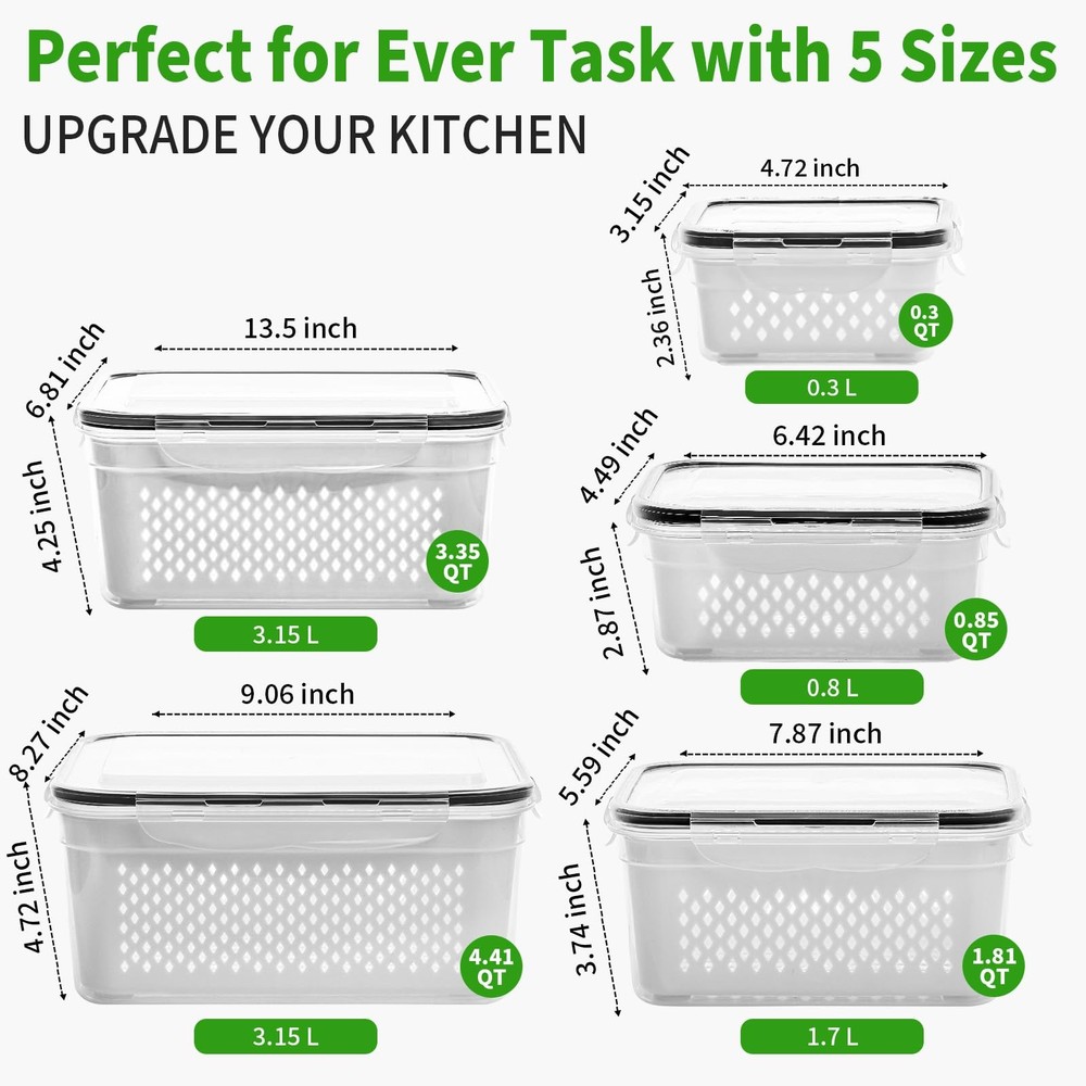 5-Pack Large Fruit Storage Containers for Fridge with Removable Colander, 2 i...
