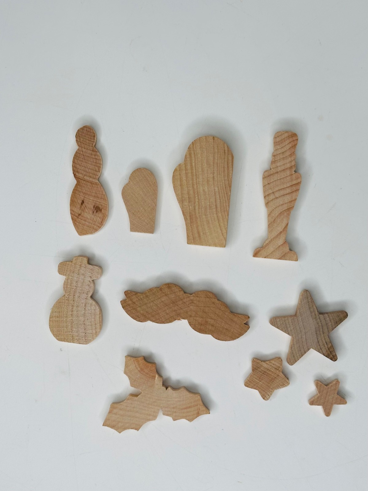 Unfinished Wood Cutouts Christmas Theme Lot Mittens, Holly Leaves, Snowmen +