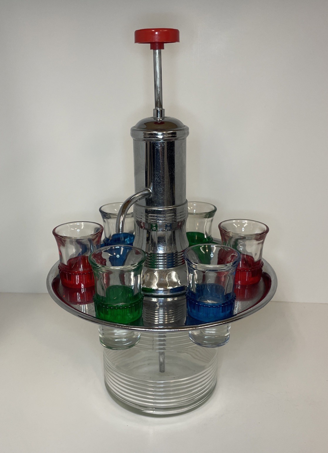 Vintage Park Sherman MCM Liquor Dispenser w/6 Shot Glasses Rotating Chrome Tray