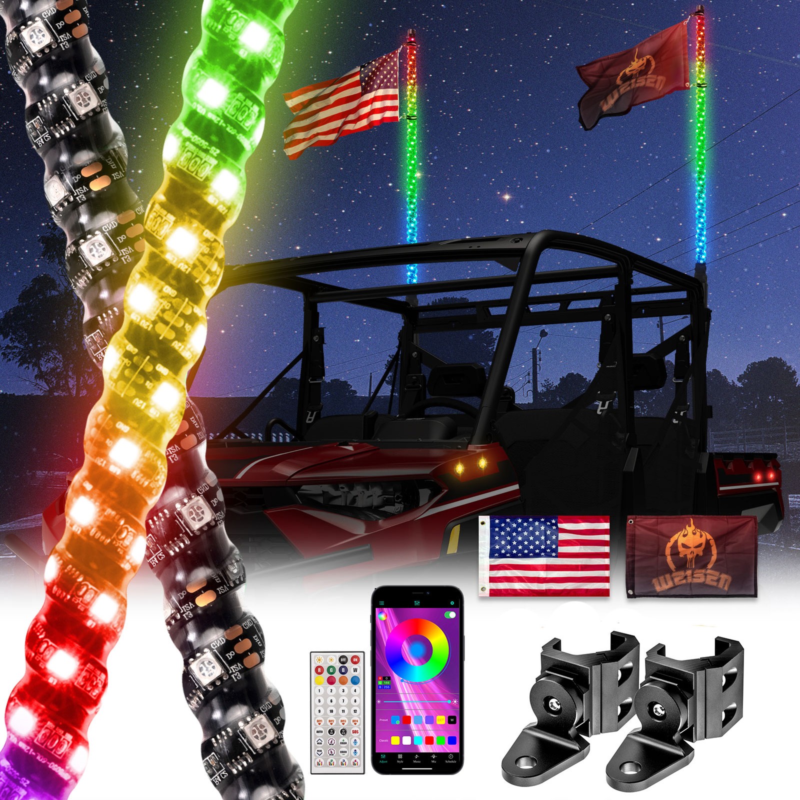 2x 4ft RGB LED Whip Lights Pro-fit Mounts Kit For Can Am Defender 2016-2025