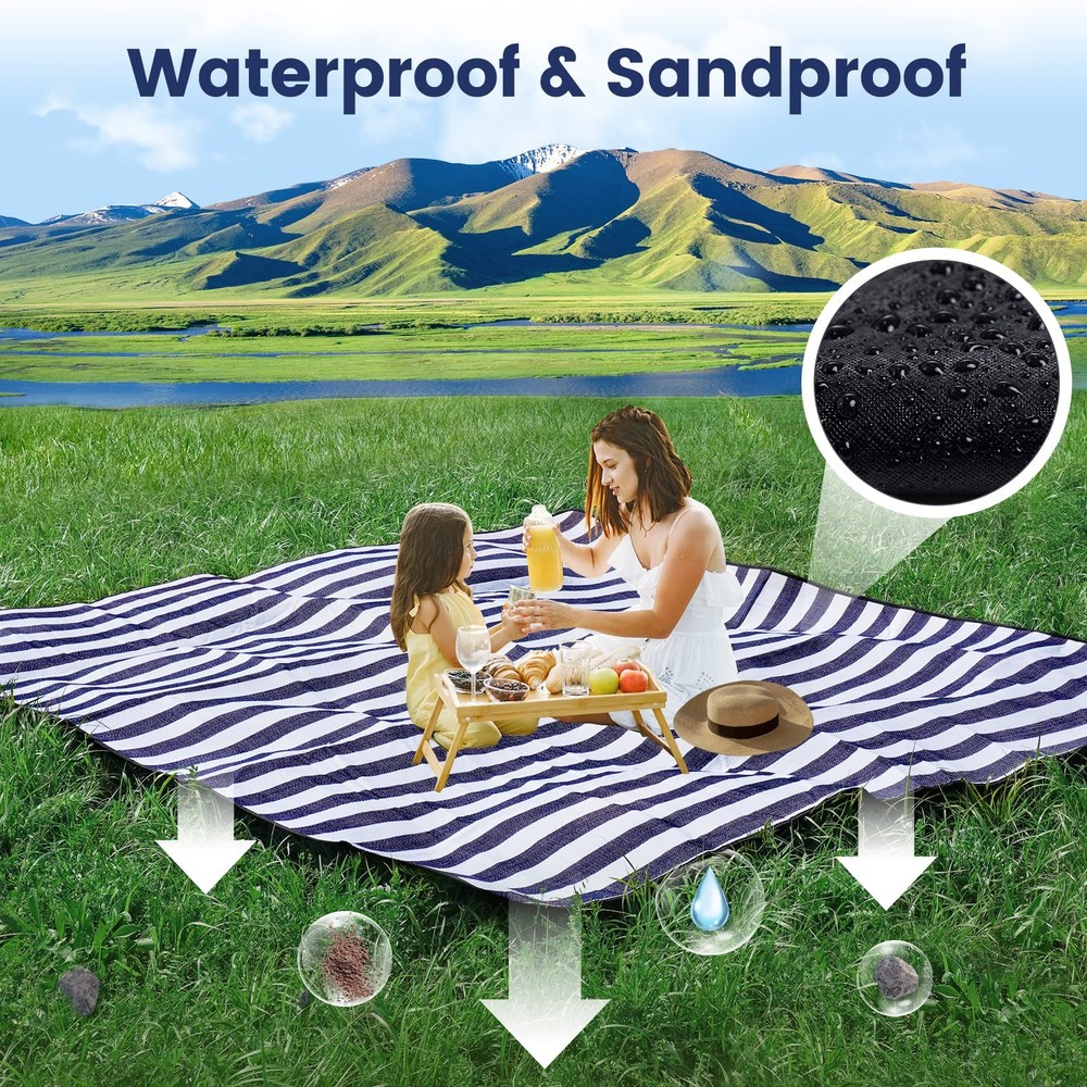 sapsisel 80”x 80” Picnic Blanket 6'7" x (Rectangular), Blue & White