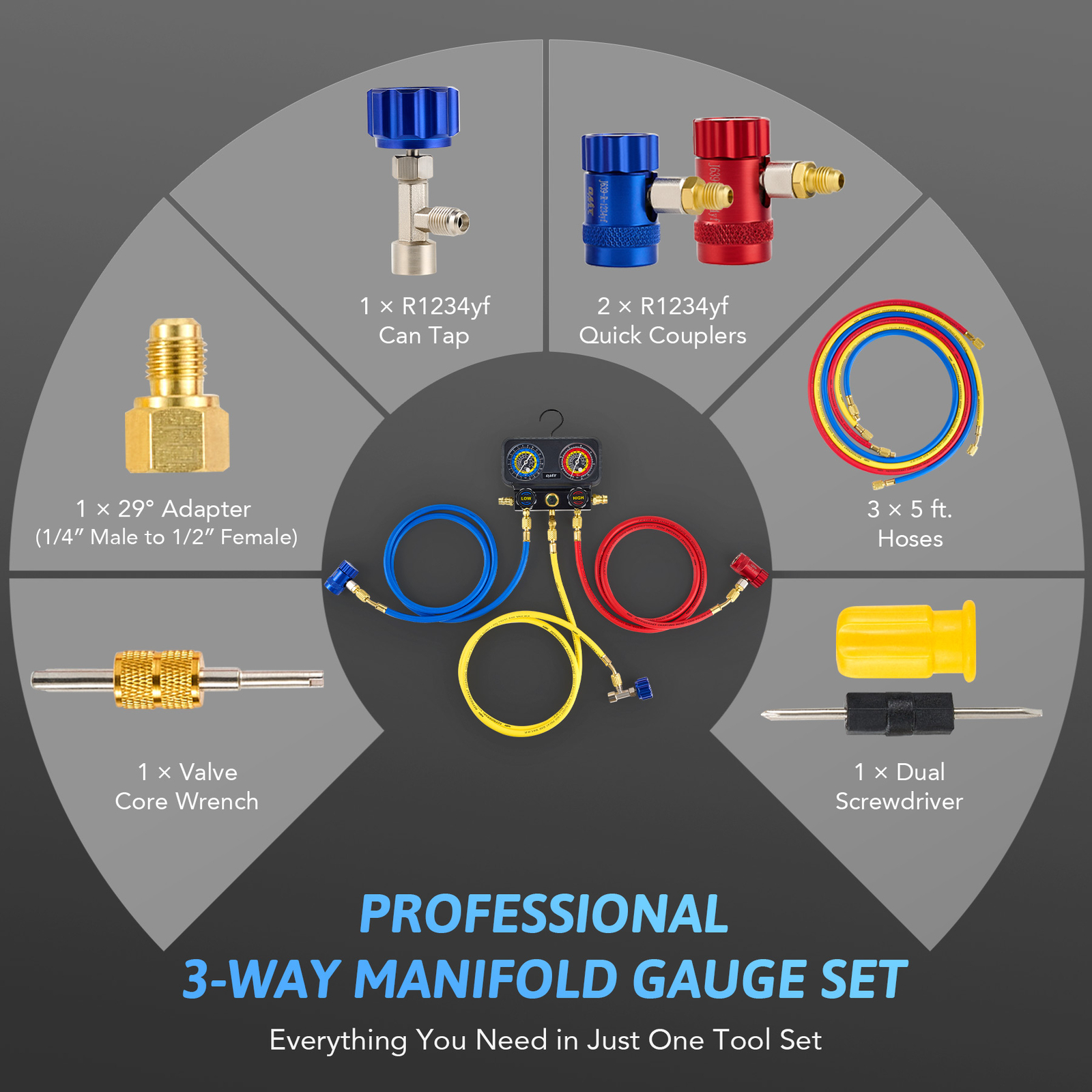 3 Way Air Conditioner Diagnostic Manifold Gauge Set For R1234yf Freon Charging