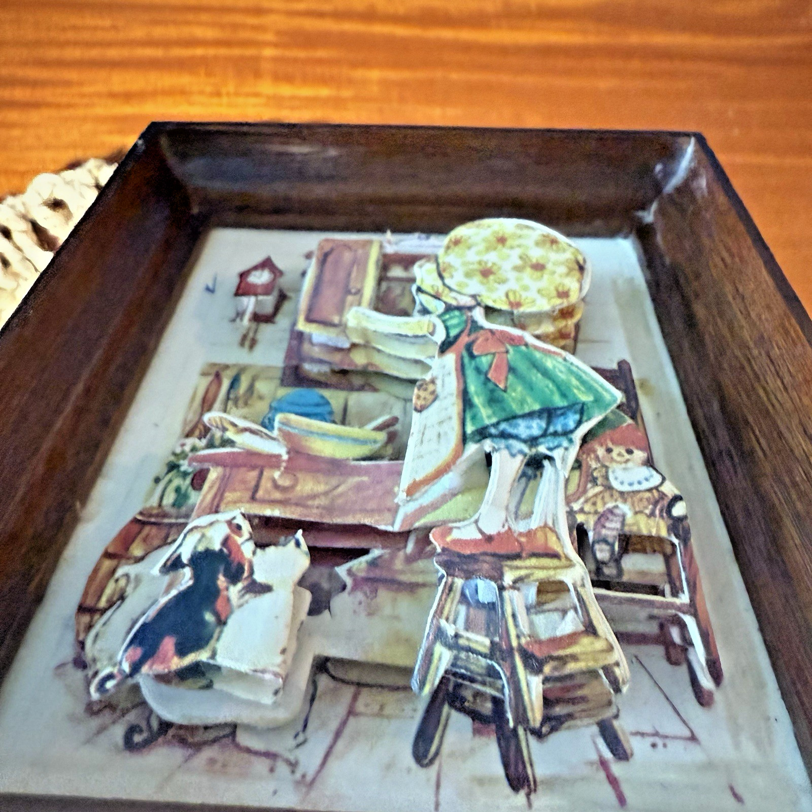 Holly Hobbie Style 3-D Art Decoupage Wooden Frame Set of 2 Christmas 1984