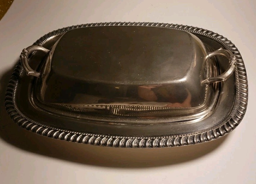 Vintage Silverplate on Copper Rectangular Handled Covered Vegetable Dish 12 inch