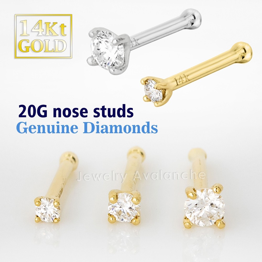 Solid 20G 14K Gold Diamond Ball-end Nose Ring Stud, Nose Bone Stud Prong Set