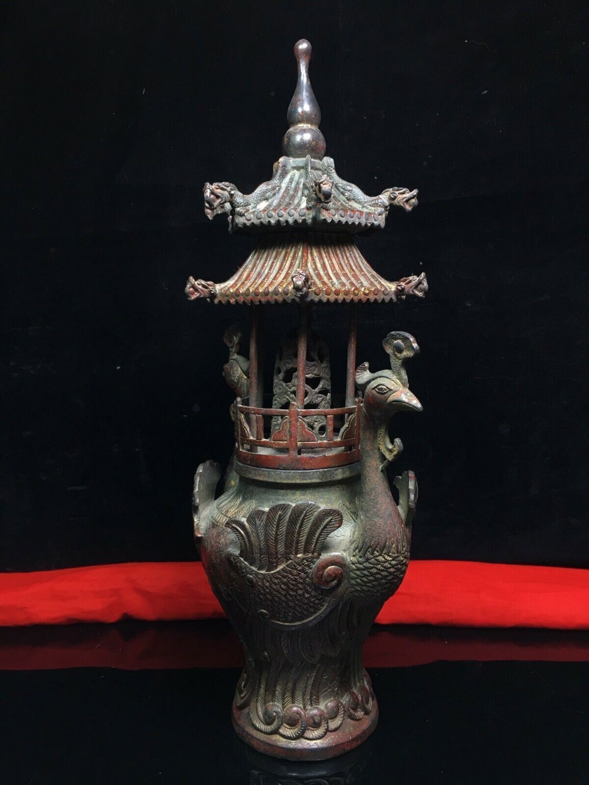 old Chinese Buddhist temple bronze Gilt Crane bird tower Incense Burner censer